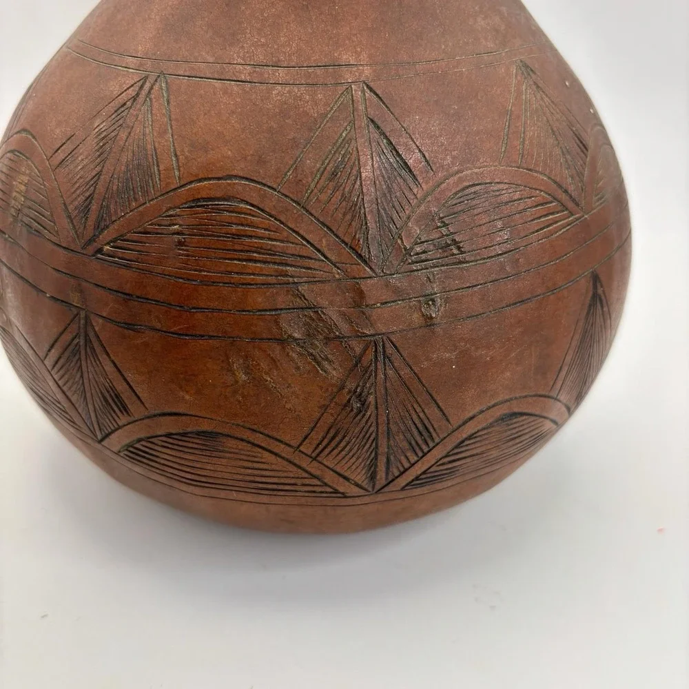 African Folk Art Carved Calabash Gourd 9x6 Drinking‎ Vessel Braided Rope Handle